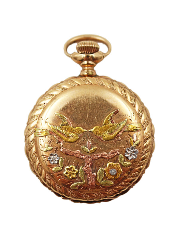 Elgin 14k Multi-color Gold Hunter Case Pocket Watch with Lovebirds Design