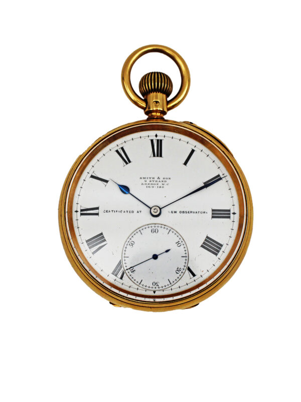 Smith & Son English 18k Yellow Gold Open Face Pocket Watch c. 1890, w/ Class A Cert From Kew Observatory