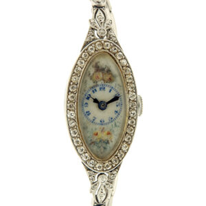 Patek Philippe Ladies Platinum & Diamond Rare Vintage Bracelet Watch with Floral Enamel, w/ Extract and Box. "Awarded Grand Prix, Panama-Pacific, International Exposition"