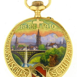 Orion (Brandt & Hofmann) Bienne 18k YG Keyless Lady’s Pendant Watch, Painted on Enamel, Made for the Bern Schutzenfest in 1910, 30.4g