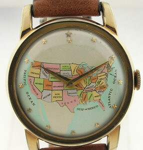 Swiss Gold Plated Watch with Map of USA on Dial