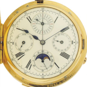 Minute Repeating Clockwatch, Swiss 18k Yellow Gold Demi Hunter, Perpetual Calendar, Chronograph Pocket Watch