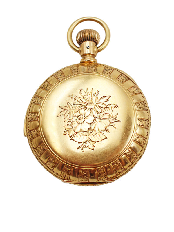 Waltham Heavy Engraved 18k Yellow Gold Hunter Pocket Watch with 5 minute repeater