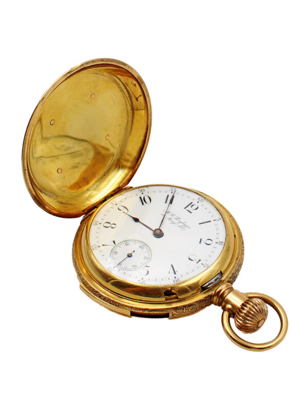 Waltham Heavy Engraved 18k Yellow Gold Hunter Pocket Watch with 5 minute repeater