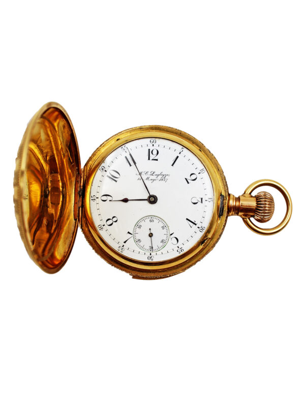 Waltham Heavy Engraved 18k Yellow Gold Hunter Pocket Watch with 5 minute repeater