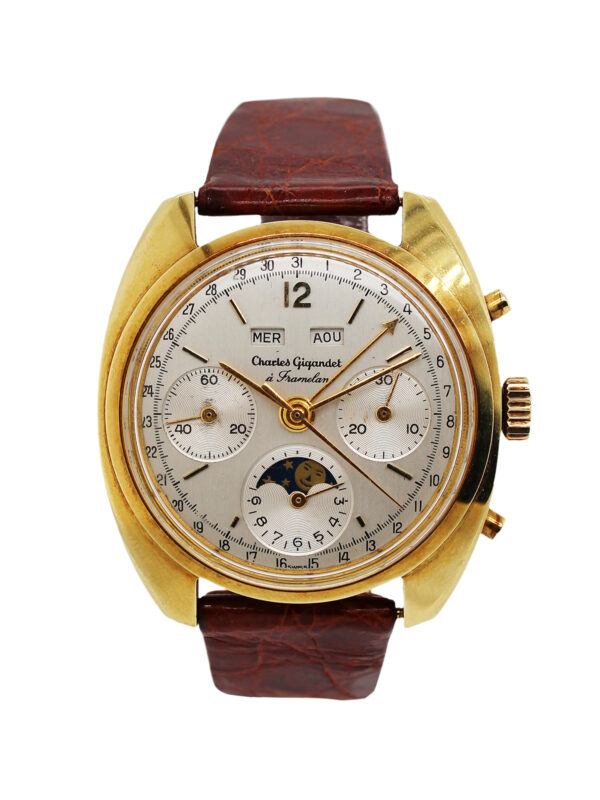 Charles Gigandet à Tramelan / Wakmann Watch & Co. A gentleman's rare, fine wristwatch with chronograph, date and moon phase. Circa 1965
