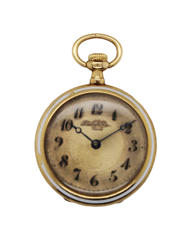 Lacloche Freres 18k Yellow Gold and Enamel Open Face Pendant Watch with Diamond Rosette c. 1920s