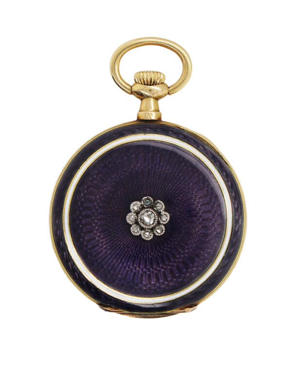 Lacloche Freres 18k Yellow Gold and Enamel Open Face Pendant Watch with Diamond Rosette c. 1920s