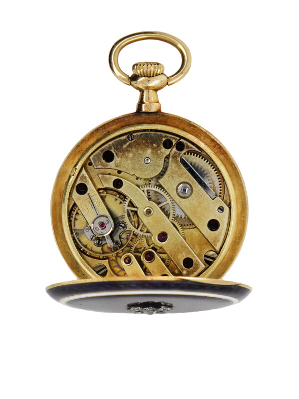 Lacloche Freres 18k Yellow Gold and Enamel Open Face Pendant Watch with Diamond Rosette c. 1920s