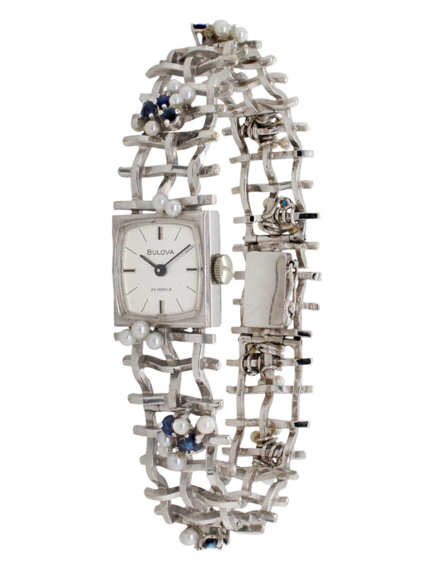 Bulova 18k White Gold Ladies' Bracelet Watch with Sapphire & Pearl Lattice Bracelet c. 1960s