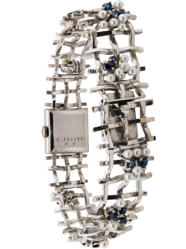 Bulova 18k White Gold Ladies' Bracelet Watch with Sapphire & Pearl Lattice Bracelet c. 1960s