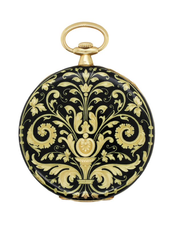 Patek Philippe 18k Yellow Gold & Enamel Thin Open Face Pocket Watch with Extract c. 1920, retailed by Davis & Hawley, Bridgeport & Waterbury