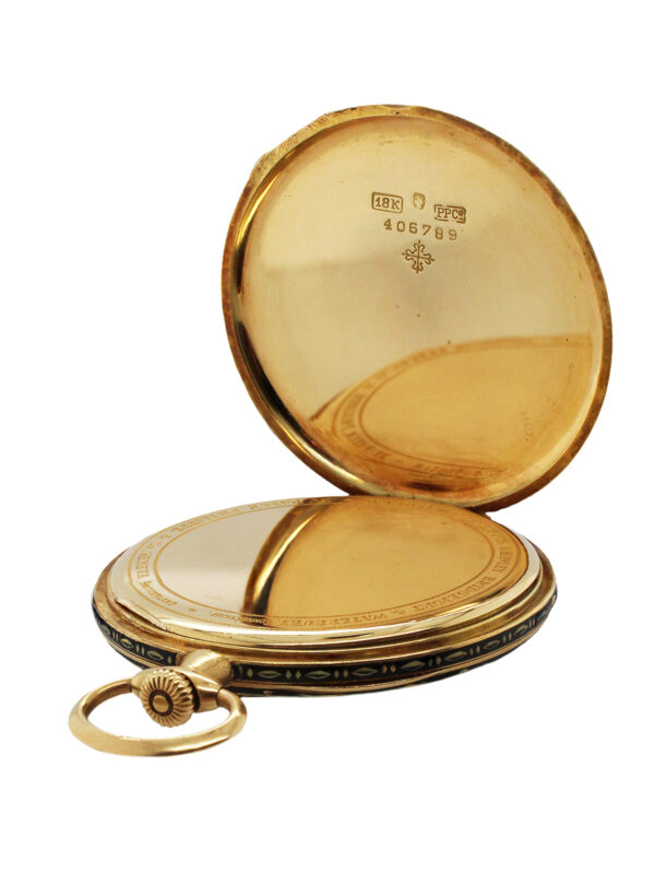 Patek Philippe 18k Yellow Gold & Enamel Thin Open Face Pocket Watch with Extract c. 1920, retailed by Davis & Hawley, Bridgeport & Waterbury