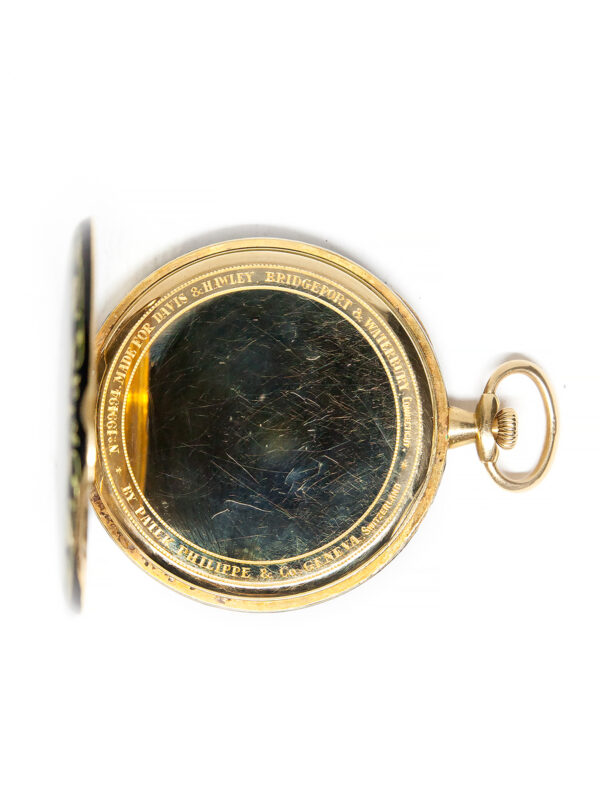 Patek Philippe 18k Yellow Gold & Enamel Thin Open Face Pocket Watch with Extract c. 1920, retailed by Davis & Hawley, Bridgeport & Waterbury