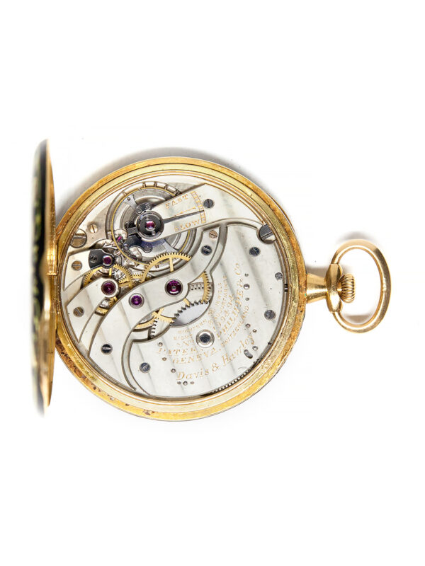 Patek Philippe 18k Yellow Gold & Enamel Thin Open Face Pocket Watch with Extract c. 1920, retailed by Davis & Hawley, Bridgeport & Waterbury