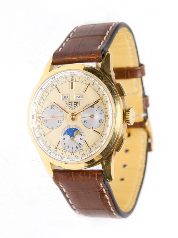 Heuer 18k Yellow Gold Triple Calendar Chronograph Wristwatch with Moonphase c. 1980s