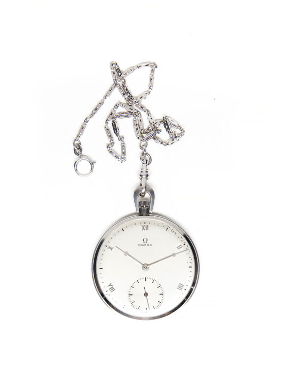 Omega Stainless Steel 44mm Keyless Open Face Pocket Watch with Box & Chain c. 1943