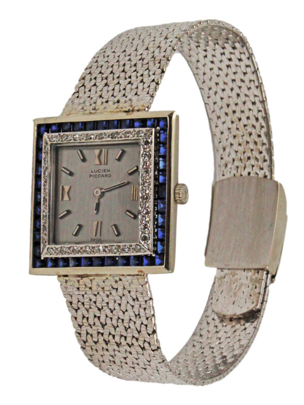 Lucian Piccard 14k White Gold, Diamond & Sapphire Mechanical Bracelet Watch c. 1960s