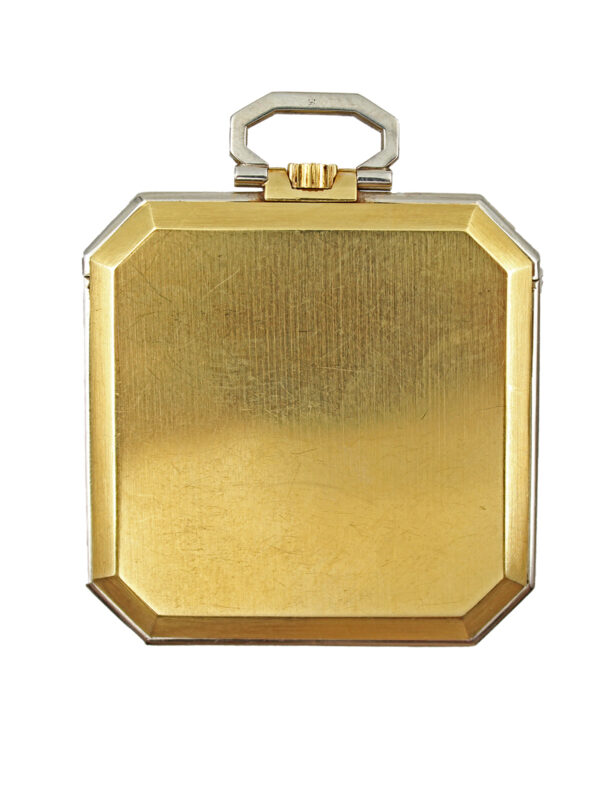 Juvenia 18k Yellow Gold Square Open Face Travel Pocket Watch with Box & Swing-Out Stand c. 1915