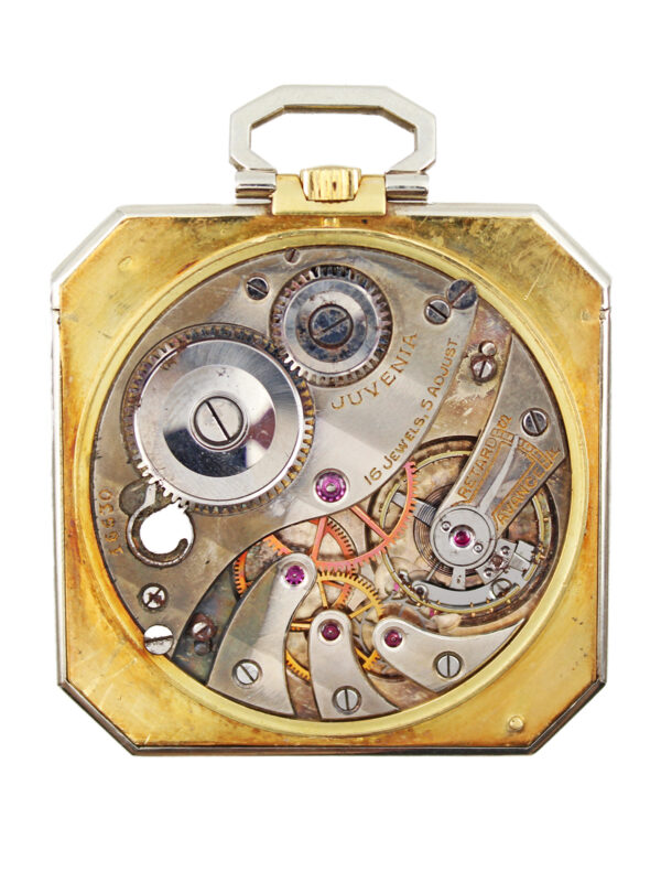 Juvenia 18k Yellow Gold Square Open Face Travel Pocket Watch with Box & Swing-Out Stand c. 1915