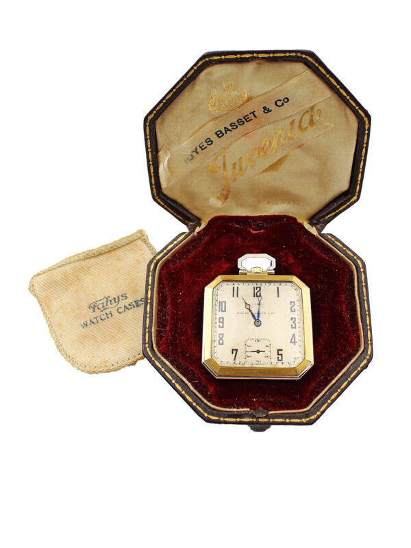 Juvenia 18k Yellow Gold Square Open Face Travel Pocket Watch with Box & Swing-Out Stand c. 1915