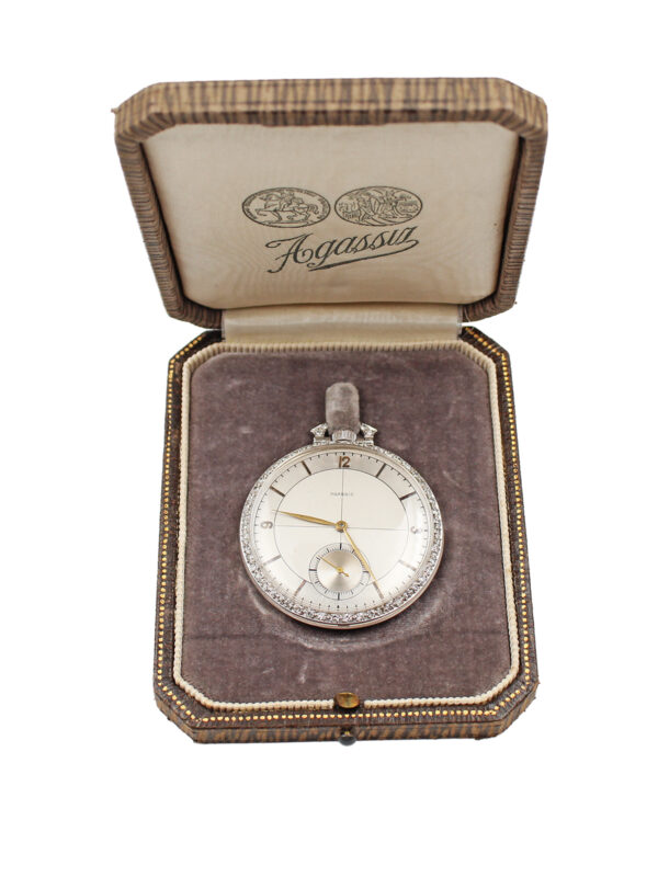 Agassiz Platinum & Diamond 43mm Open Face Pocket Watch w/ Box c. 1920