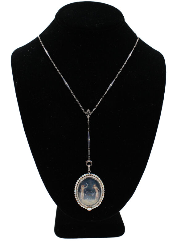 Fernand Paillet Designed Platinum, Diamond & Pearl Pendant Necklace with Painted Neoclassical Enamel Scenes c. 1910s