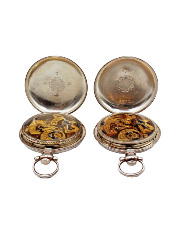 Juvet Pair of Silver Keywind Chinese Duplexes with Gilt Movements, Box & Keys c. 1850s