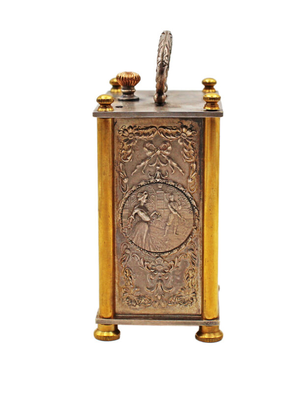 Frainier Small Carriage Clock w/ Silver Relief Panels & "Poor Man's Toubillon" c. 1910s