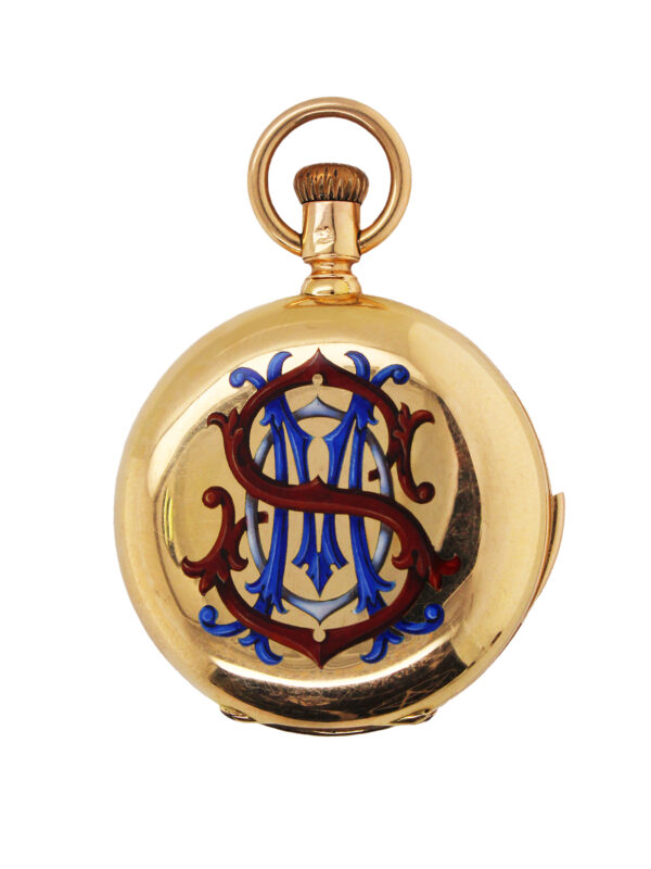 Rare Tiffany & Co. 18k & Enamel Minute Repeating 34mm Miniature Hunter Case Pocket Watch & Chatelaine c. 1882