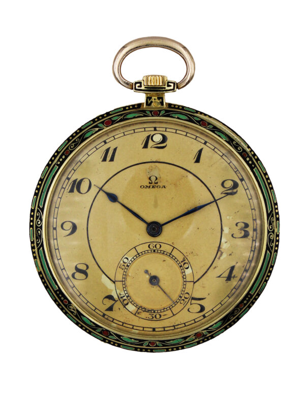 Omega Art-Deco 18k Yellow Gold & Enamel Open Face 49mm Pocket Watch c. 1930s