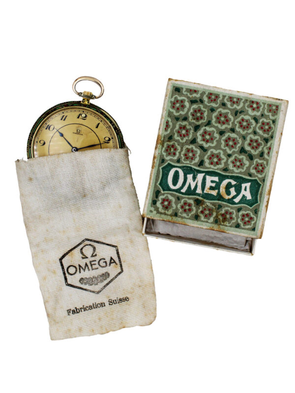 Omega Art-Deco 18k Yellow Gold & Enamel Open Face 49mm Pocket Watch c. 1930s