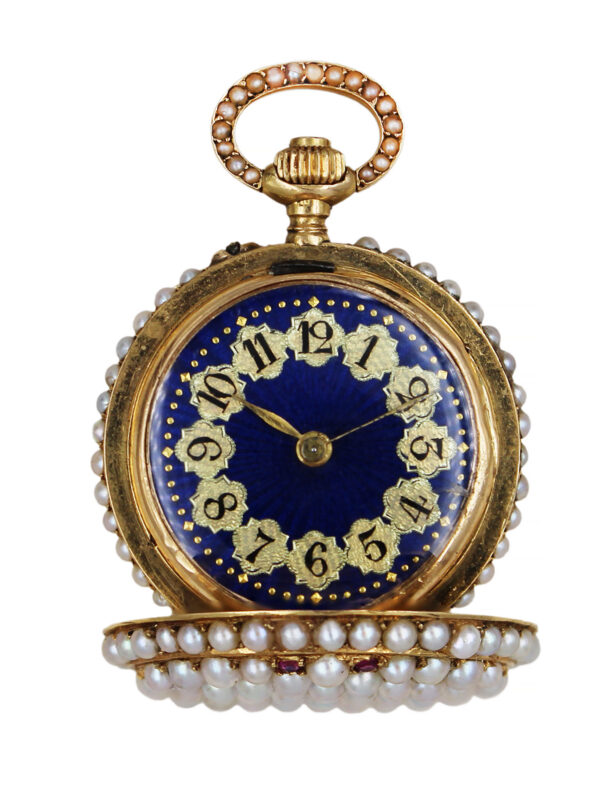Swiss 18k Yellow Gold, Ruby & Pearl Miniature Hunter Pocket Watch for Chinese Market c. 1905