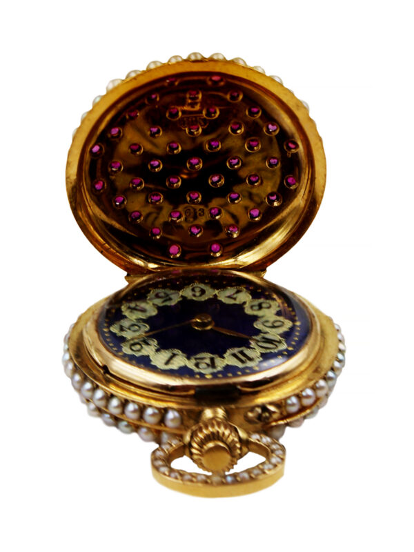 Swiss 18k Yellow Gold, Ruby & Pearl Miniature Hunter Pocket Watch for Chinese Market c. 1905
