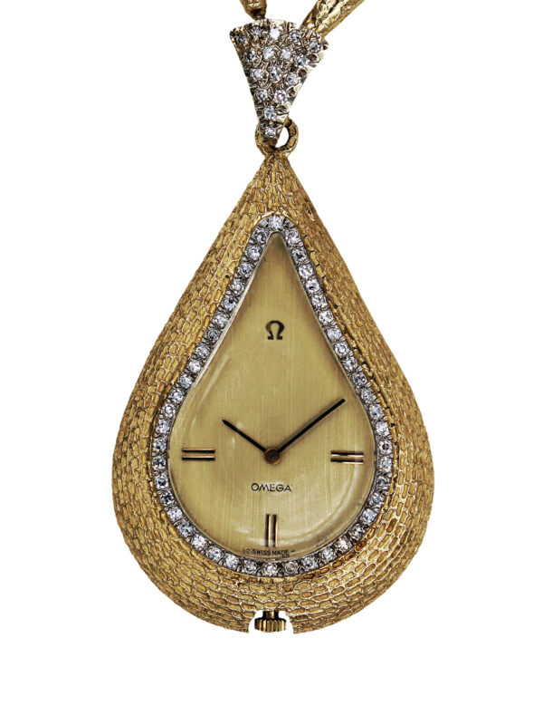 Omega 14k Yellow Gold & Diamond Large Pear-Shaped Pendant Watch & Chain c. 1970s