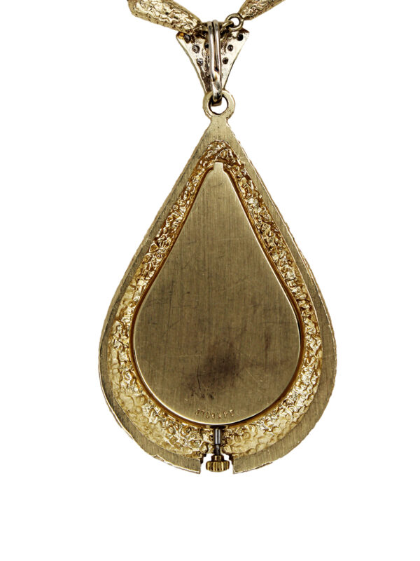 Omega 14k Yellow Gold & Diamond Large Pear-Shaped Pendant Watch & Chain c. 1970s