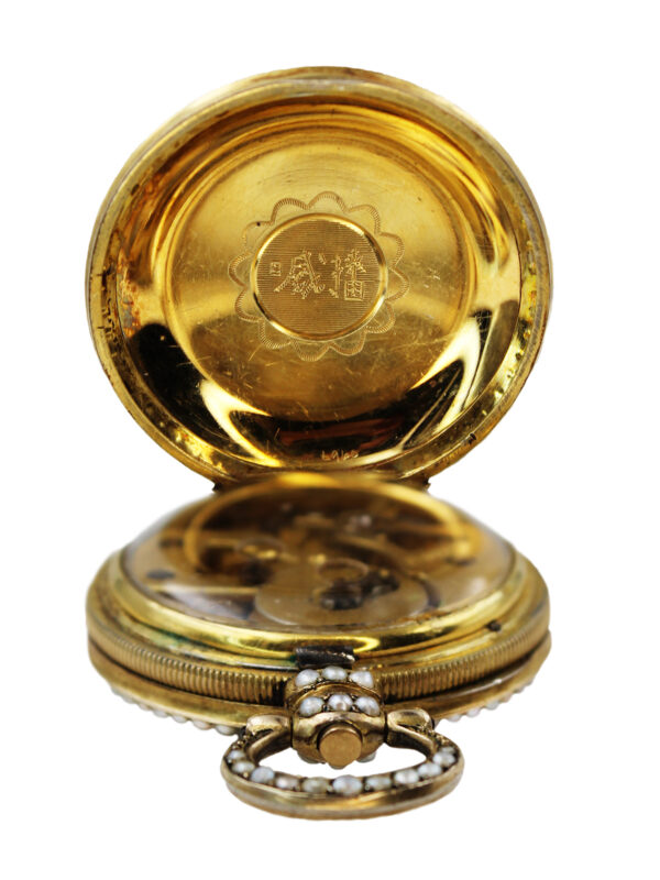 Bovet Fleurier Silver Gilt, Enamel & Pearl Open Face Key-Wind Pocket Watch c. 1860s, made for Chinese Market