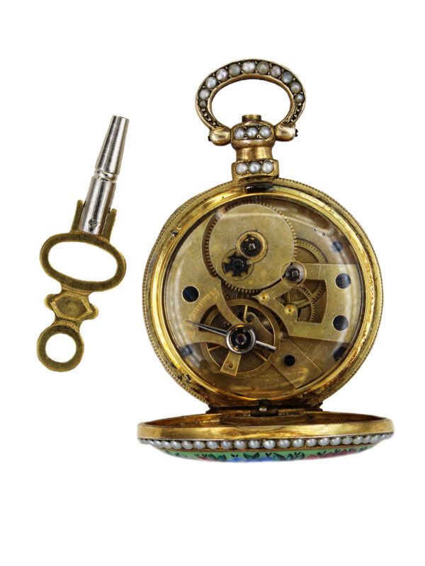 Bovet Fleurier Silver Gilt, Enamel & Pearl Open Face Key-Wind Pocket Watch c. 1860s, made for Chinese Market