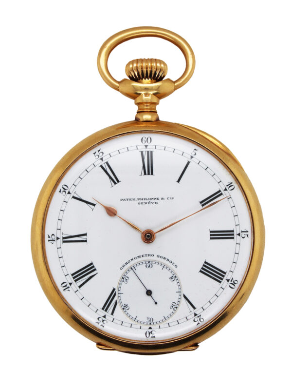 Patek Philippe “Chronometro Gondolo” 18k Yellow Gold Open Face Pocket Watch, Complete 56mm