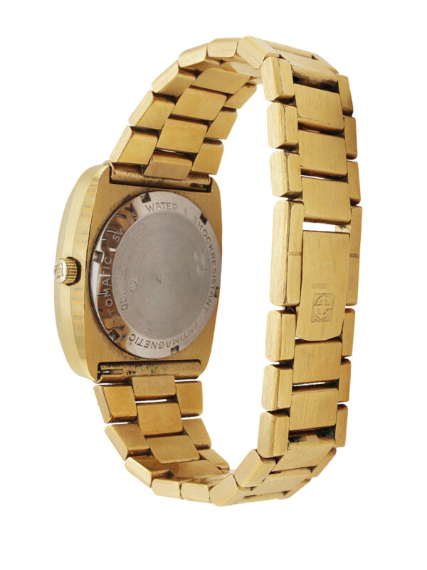 Zodiac Stainless Steel & Gold Plated Auto Day-Date Bracelet Wristwatch c. 1970 with Original Box, Warranty, Instructions, & Hang Tag