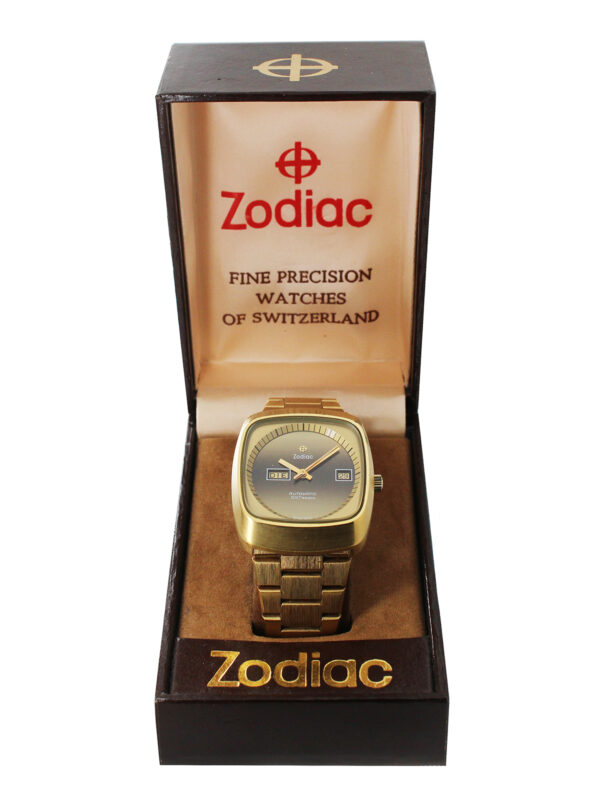 Zodiac Stainless Steel & Gold Plated Auto Day-Date Bracelet Wristwatch c. 1970 with Original Box, Warranty, Instructions, & Hang Tag