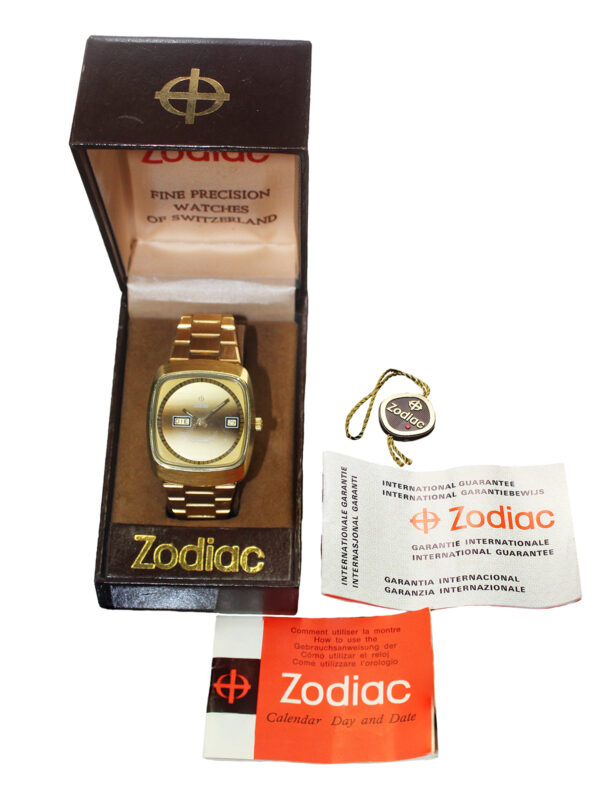 Zodiac Stainless Steel & Gold Plated Auto Day-Date Bracelet Wristwatch c. 1970 with Original Box, Warranty, Instructions, & Hang Tag