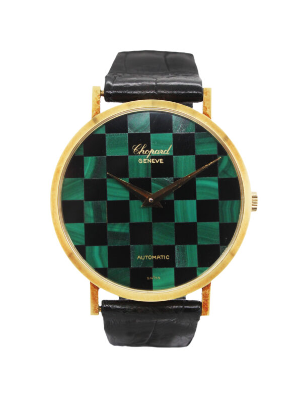 Chopard 18k Yellow Gold Malachite & Onyx Checkerboard Wristwatch w. Matching Gold & Stone Cufflinks c. 1990’s, Ref 1038/1