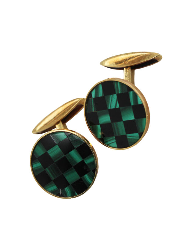 Chopard 18k Yellow Gold Malachite & Onyx Checkerboard Wristwatch w. Matching Gold & Stone Cufflinks c. 1990’s, Ref 1038/1