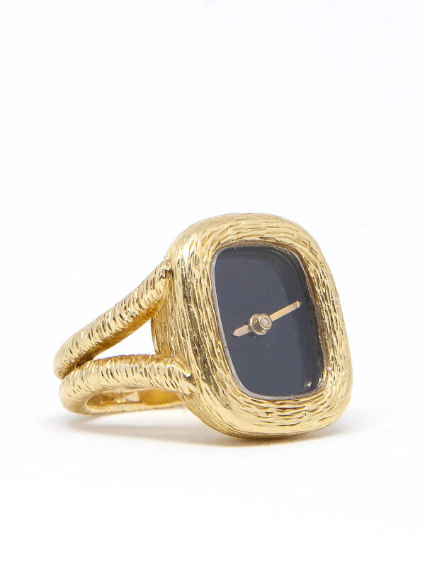 Swiss 18k Yellow Gold Ring Watch with Onyx Dial