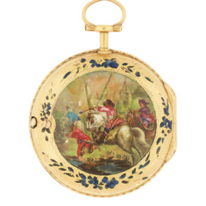 English 18K Yellow Gold Pendant Pocket Watch with Enamel Scene of Soldiers