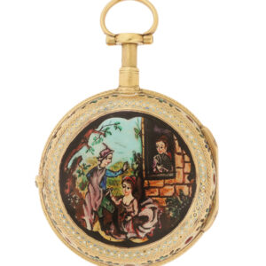 Pierre Michau Key-wind Quarter Repeating 18k Rose Gold and Enamel Open-Face Pocket Watch with Later Erotica, c.1750