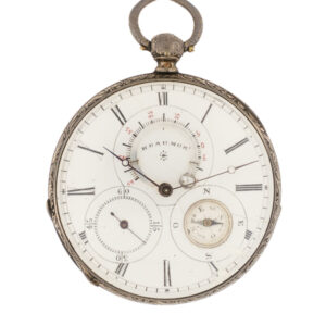 Swiss Sterling Silver Open Face Pocket Watch with Thermometer, compass and sub-seconds dial.