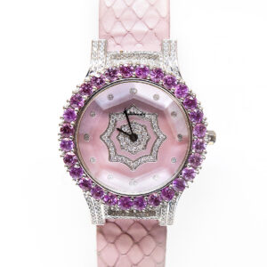 Kutchinsky, 18k White Gold, Diamond lugs & Pink Sapphire bezel Ladys Wristwatch, Mother of pearl dial
