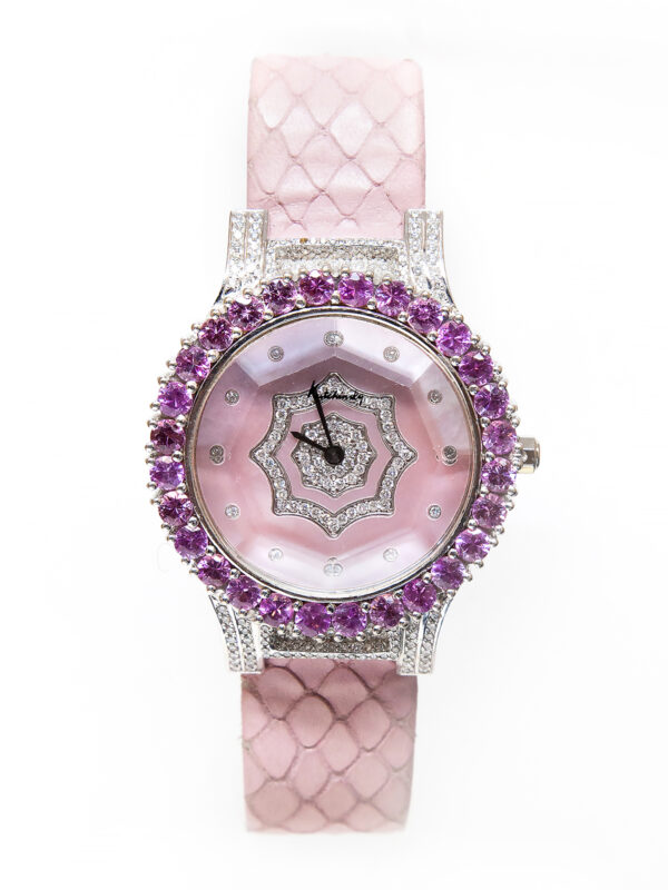 Kutchinsky, 18k White Gold, Diamond lugs & Pink Sapphire bezel Ladys Wristwatch, Mother of pearl dial